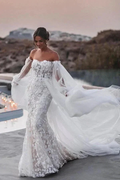 Off Shoulder Lace Mermaid Beach Wedding Dresses With Detachable Train WD655 by pgmdress
