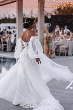 Off Shoulder Lace Mermaid Beach Wedding Dresses With Detachable Train WD655 by pgmdress