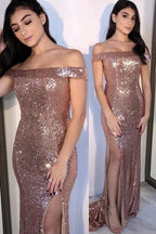Off Shoulder Rose Gold Sequin Evening Dress with Slit SYP89 by vivymakudress