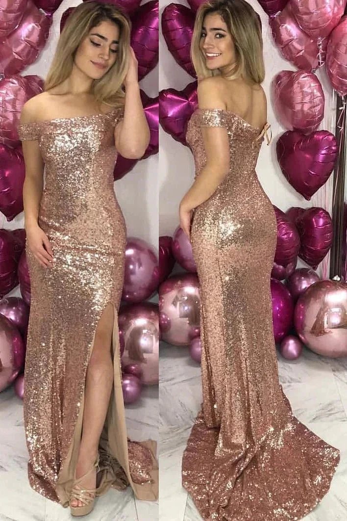 Off Shoulder Rose Gold Sequin Evening Dress with Slit SYP89 by vivymakudress