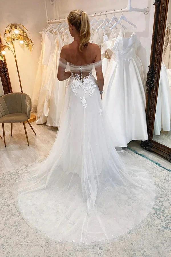 Off Shoulder Sweetheart Lace Appliques Modest Wedding Dress WD666 by pgmdress