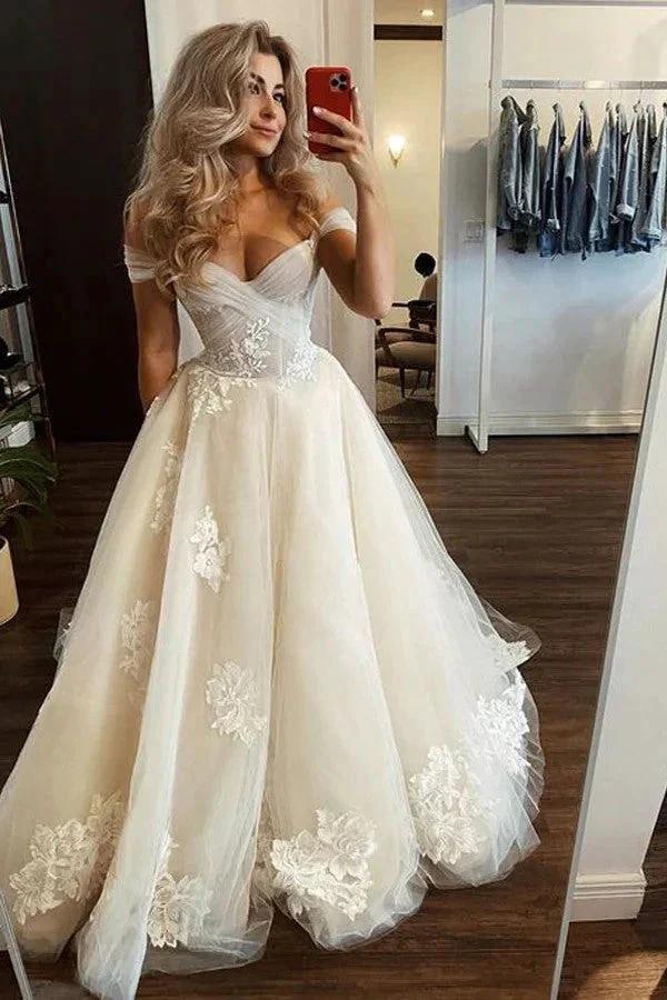 Off The Shoulder Light Champagne Wedding Gown Floral Wedding Dress WD713 by pgmdress