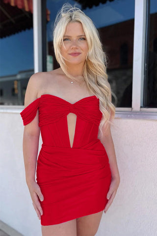 Vestido de cóctel fucsia ajustado con hombros descubiertos PD559