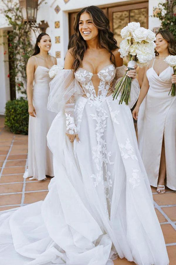 Off The Shoulder Long Sleeves Lace Appliques Bohemian Wedding Dress WD611 by pgmdress