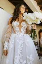 Off The Shoulder Long Sleeves Lace Appliques Bohemian Wedding Dress WD611 by pgmdress