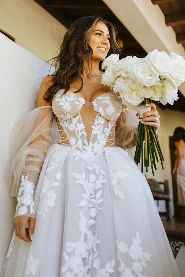 Off The Shoulder Long Sleeves Lace Appliques Bohemian Wedding Dress WD611 by pgmdress