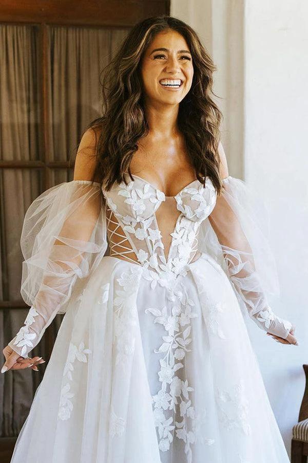 Off The Shoulder Long Sleeves Lace Appliques Bohemian Wedding Dress WD611 by pgmdress