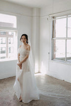Off The Shoulder Satin Lace Split Wedding Dress With Long Veil WD604 by pgmdress