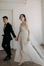 Off The Shoulder Satin Lace Split Wedding Dress With Long Veil WD604 by pgmdress