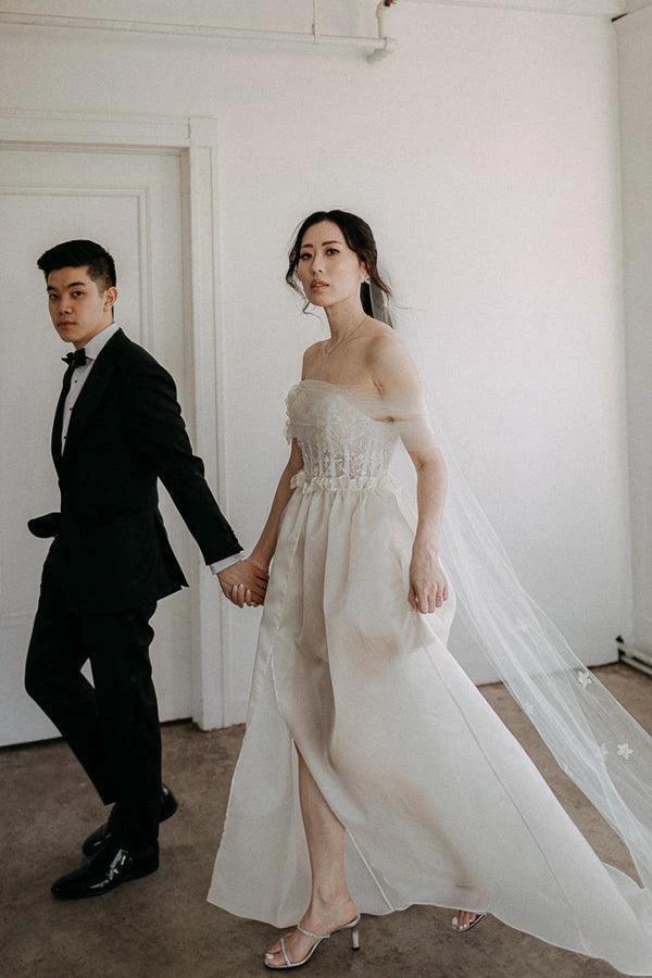 Off The Shoulder Satin Lace Split Wedding Dress With Long Veil WD604 by pgmdress