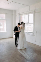 Off The Shoulder Satin Lace Split Wedding Dress With Long Veil WD604 by pgmdress