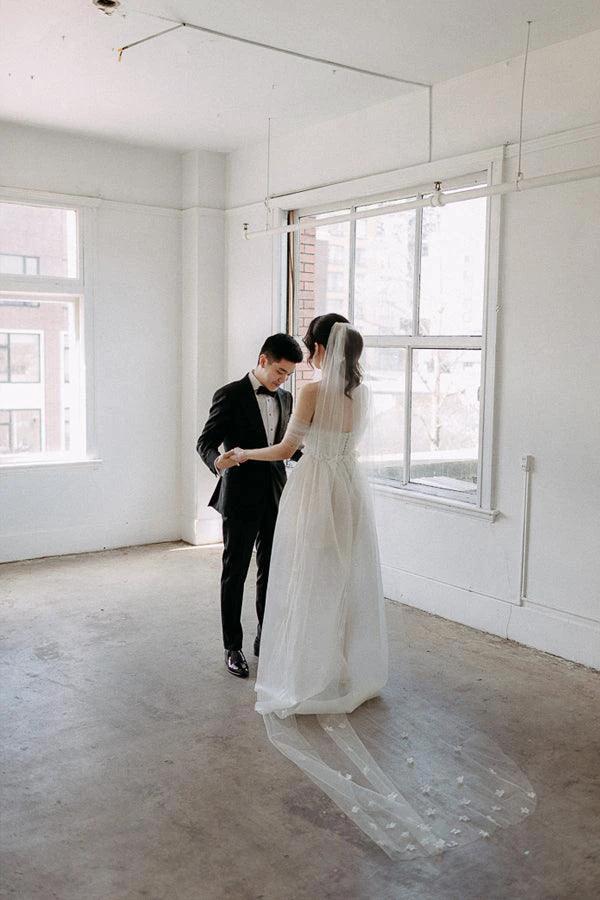 Off The Shoulder Satin Lace Split Wedding Dress With Long Veil WD604 by pgmdress