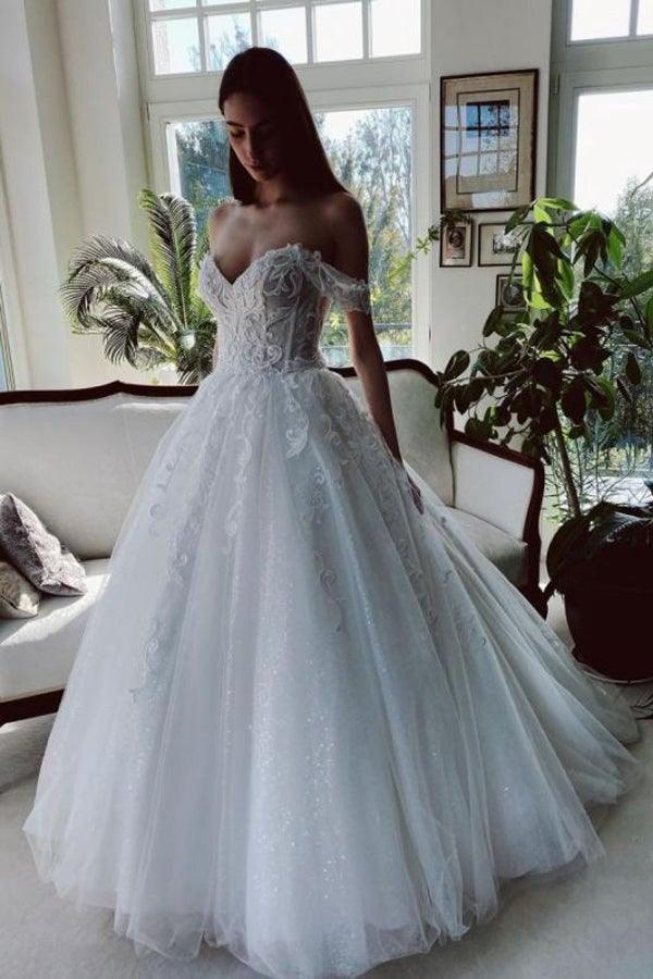 Off The Shoulder Tulle White Appliques Wedding Dresses With Beading WD579 Hover Image
