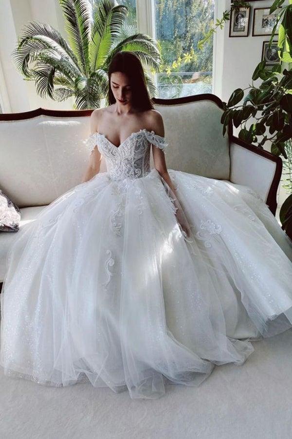 Off The Shoulder Tulle White Appliques Wedding Dresses With Beading WD579 Main Image