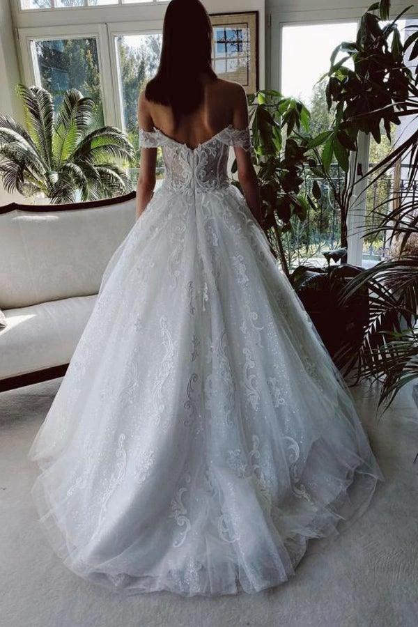 Off The Shoulder Tulle White Appliques Wedding Dresses With Beading WD579 by pgmdress
