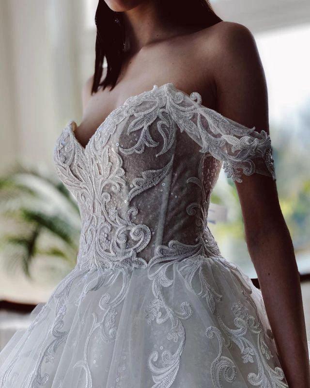 Off The Shoulder Tulle White Appliques Wedding Dresses With Beading WD579 by pgmdress