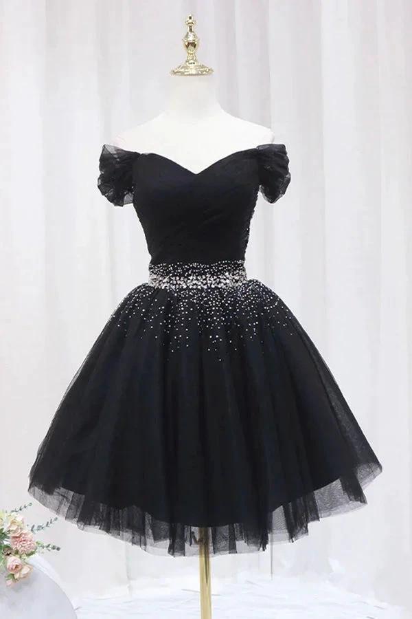 Off The Shoulder Black Homecoming Dress Tulle Short Prom Dress PD468 by pgmdress