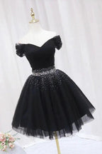 Off The Shoulder Black Homecoming Dress Tulle Short Prom Dress PD468 by pgmdress