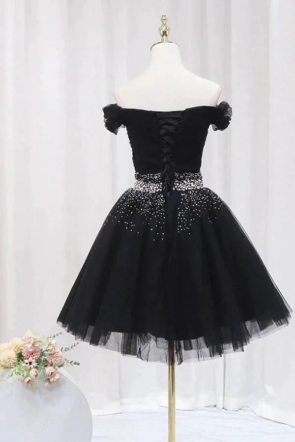 Off The Shoulder Black Homecoming Dress Tulle Short Prom Dress PD468 by pgmdress