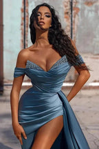 Off The Shoulder Mermaid Prom Dress High Slit Dress With Beading PSK566 by pgmdress