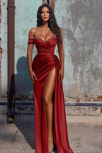 Off The Shoulder Mermaid Prom Dress High Slit Dress With Beading PSK566 by pgmdress