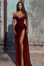 Off The Shoulder Mermaid Prom Dress High Slit Dress With Beading PSK566 by pgmdress
