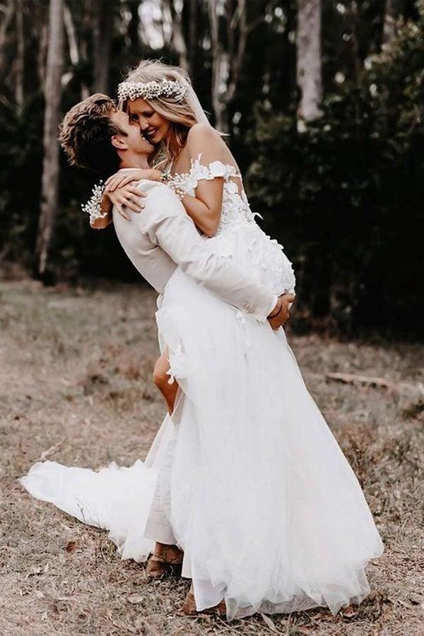 Off the Shoulder Ball Gown White Tulle Wedding Dresses with Applique WD561 by pgmdress