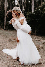Off the Shoulder Ball Gown White Tulle Wedding Dresses with Applique WD561 by pgmdress