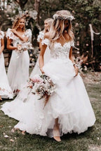 Off the Shoulder Ball Gown White Tulle Wedding Dresses with Applique WD561 by pgmdress