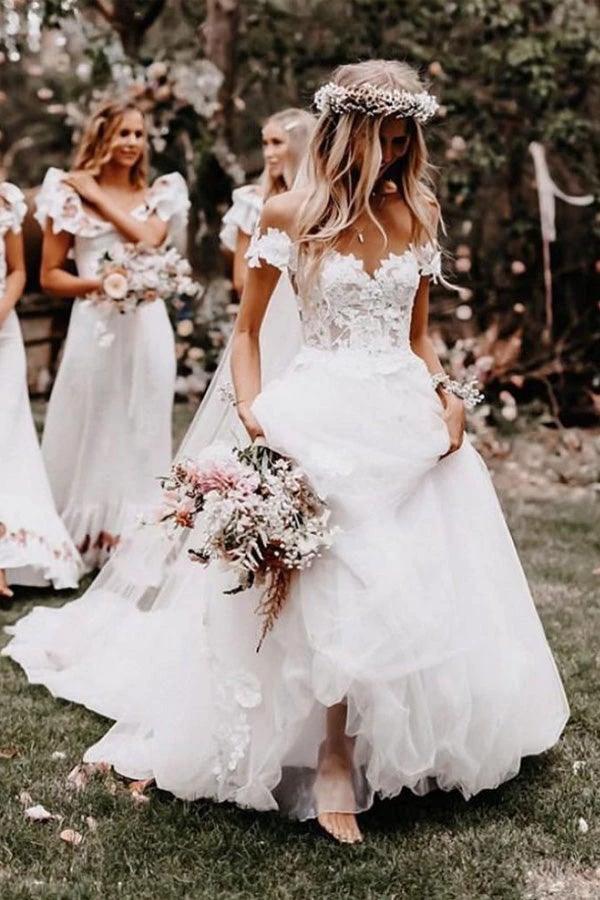 Off the Shoulder Ball Gown White Tulle Wedding Dresses with Applique WD561 by pgmdress