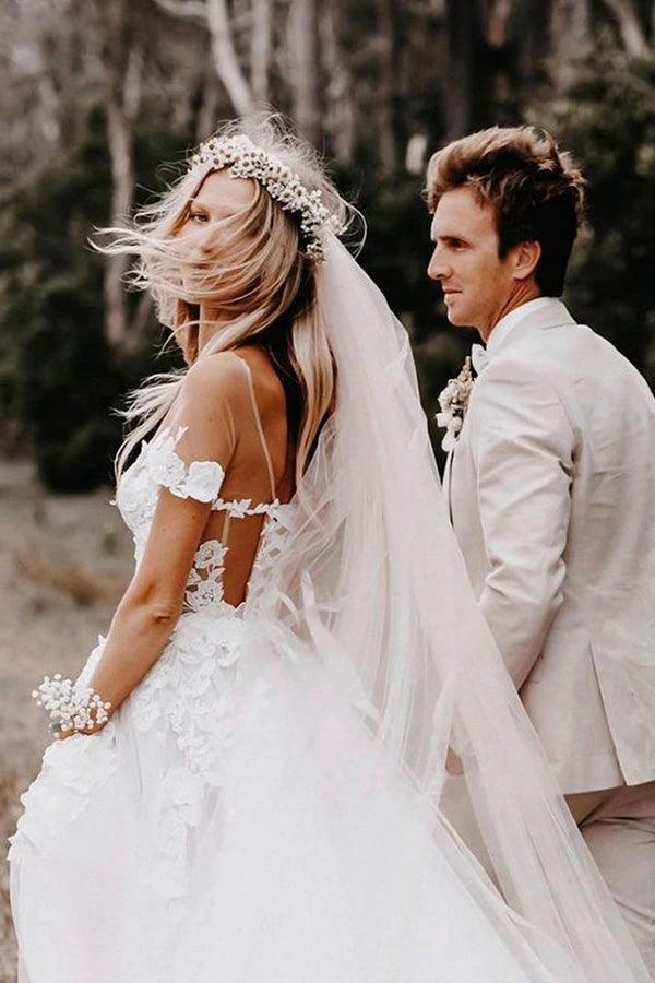 Off the Shoulder Ball Gown White Tulle Wedding Dresses with Applique WD561 by pgmdress