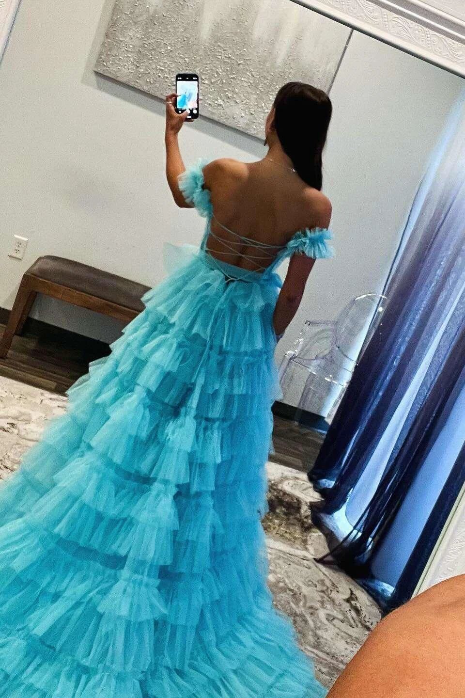Adalynn | Royal Blue Off the Shoulder Ruffle Tiered Tulle Long Prom Dresses with Slit by KissProm