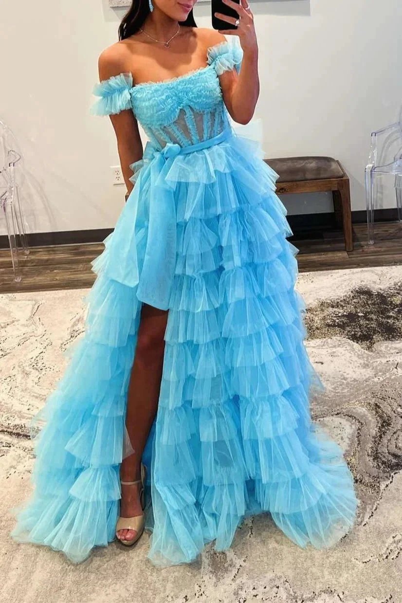 Adalynn | Royal Blue Off the Shoulder Ruffle Tiered Tulle Long Prom Dresses with Slit by KissProm