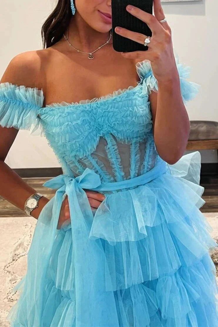 Adalynn | Royal Blue Off the Shoulder Ruffle Tiered Tulle Long Prom Dresses with Slit by KissProm