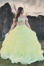 Off the Shoulder Light Yellow Ruffle Layered Prom Dress PSK480 by pgmdress