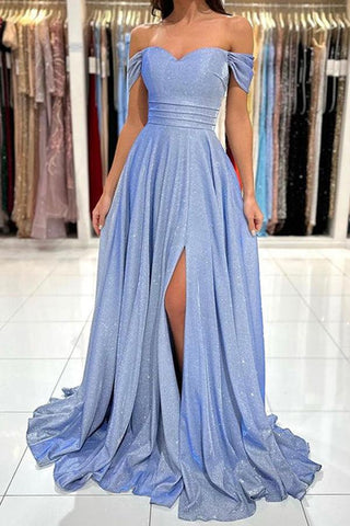 Vestido de fiesta largo azul brillante con hombros descubiertos, vestido formal PSK379