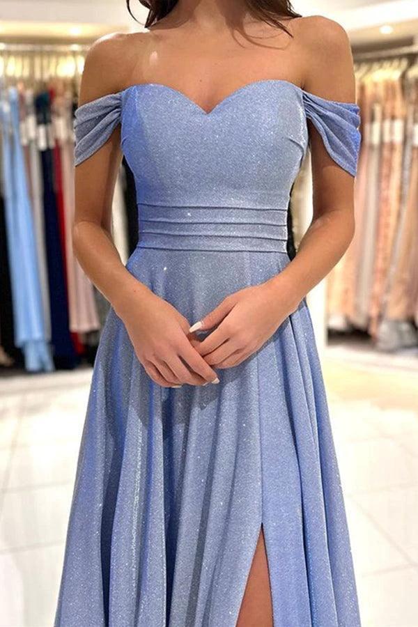 Off the Shoulder Shiny Blue Long Prom Dresses Formal Dress PSK379 by pgmdress