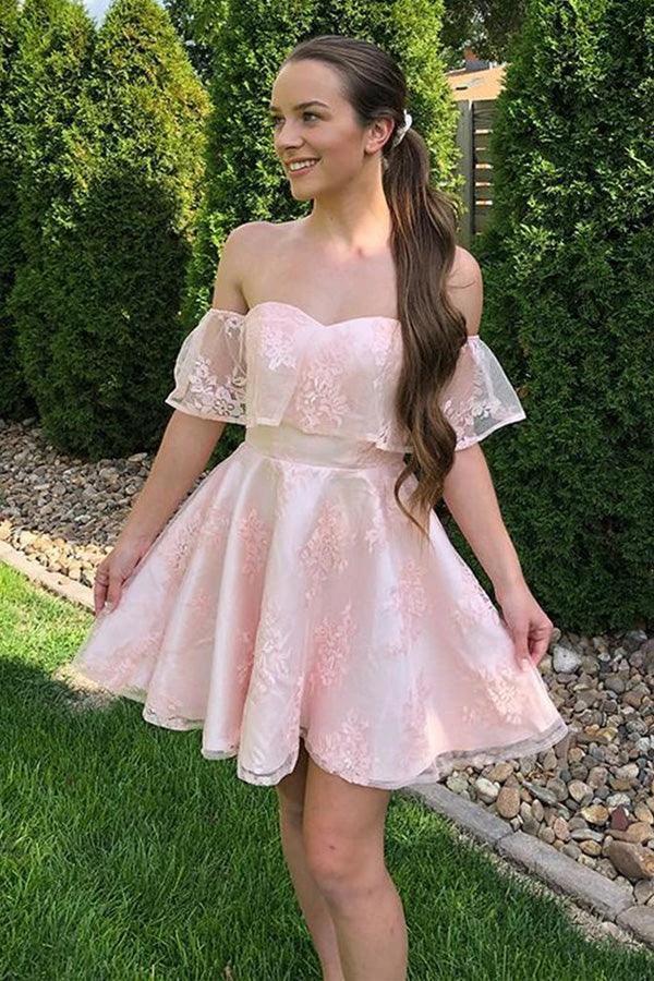 Off the Shoulder Short Pink Lace Prom Dresses Homecoming Dresses PD452 by pgmdress