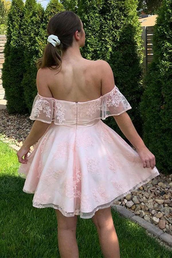 Off the Shoulder Short Pink Lace Prom Dresses Homecoming Dresses PD452 by pgmdress