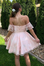 Off the Shoulder Short Pink Lace Prom Dresses Homecoming Dresses PD452 by pgmdress