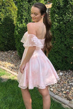 Off the Shoulder Short Pink Lace Prom Dresses Homecoming Dresses PD452 by pgmdress