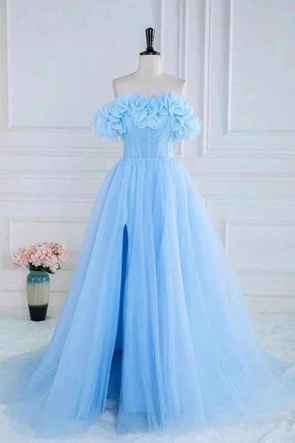 Off the Shoulder Strapless Flower A-Line Tulle Blue Prom Dress PSK474 by pgmdress