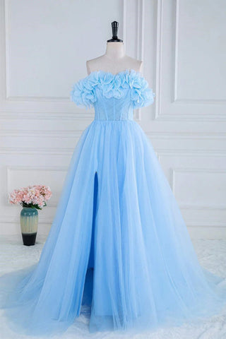 Schulterfreies, trägerloses A-Linien-Ballkleid aus Tüll mit Blumenmuster in Blau PSK474