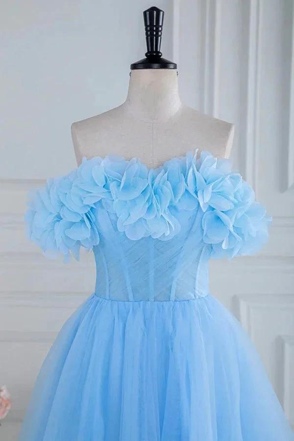 Off the Shoulder Strapless Flower A-Line Tulle Blue Prom Dress PSK474 by pgmdress