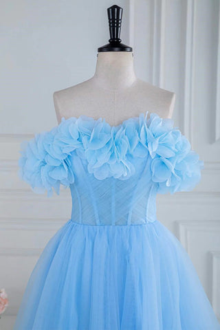 Schulterfreies, trägerloses A-Linien-Ballkleid aus Tüll mit Blumenmuster in Blau PSK474