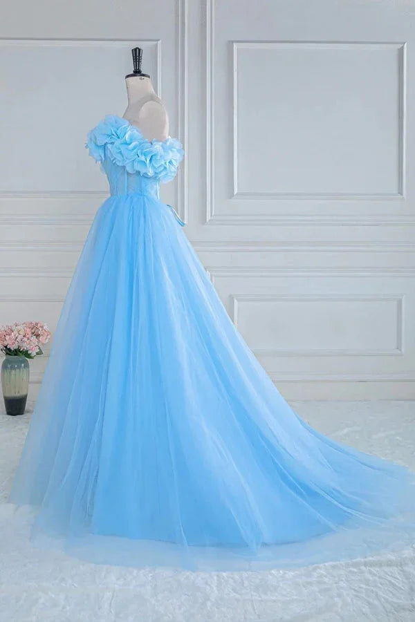 Off the Shoulder Strapless Flower A-Line Tulle Blue Prom Dress PSK474