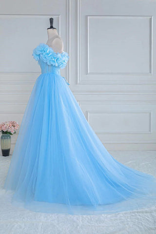 Schulterfreies, trägerloses A-Linien-Ballkleid aus Tüll mit Blumenmuster in Blau PSK474