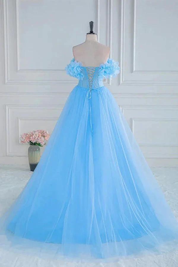 Off the Shoulder Strapless Flower A-Line Tulle Blue Prom Dress PSK474 by pgmdress