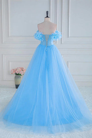 Schulterfreies, trägerloses A-Linien-Ballkleid aus Tüll mit Blumenmuster in Blau PSK474