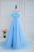Off the Shoulder Strapless Flower A-Line Tulle Blue Prom Dress PSK474 by pgmdress